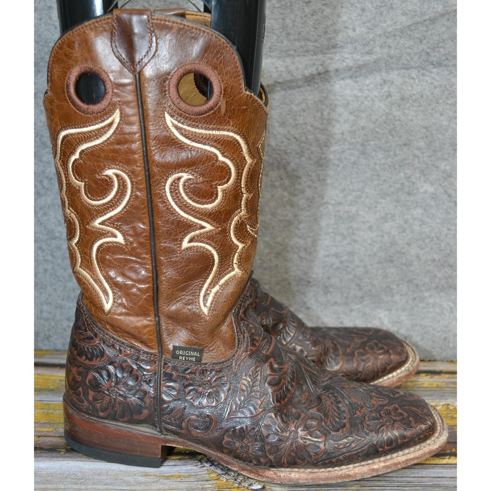 Reyme Boots Womens 8.5 Brown Leather Tooled Western Cowboy Floral Square Toe